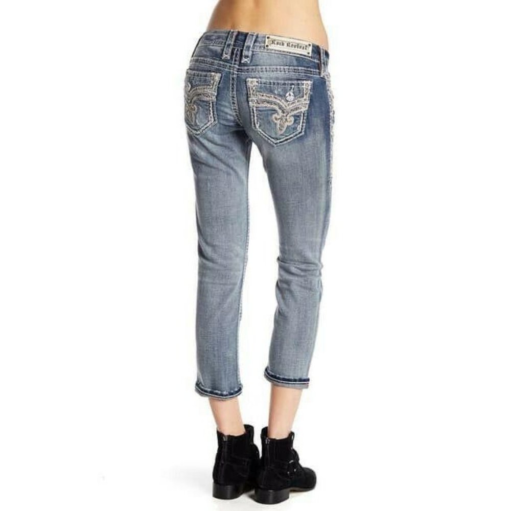 Rock Revival Jeans Sz 24 Embroidered Cropped Skinn - Picture 3 of 10